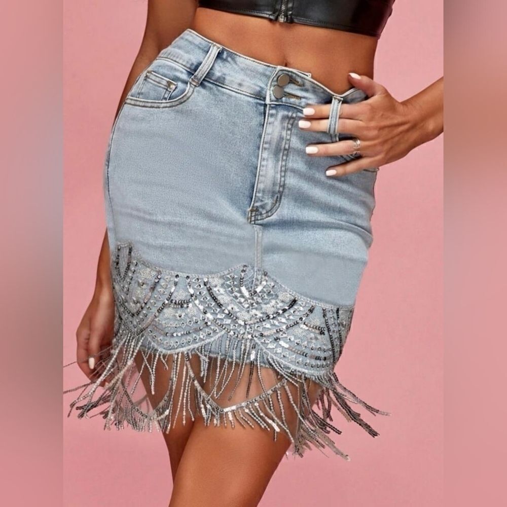 Denim Skirt With Sequin Fringe Size  XS/S